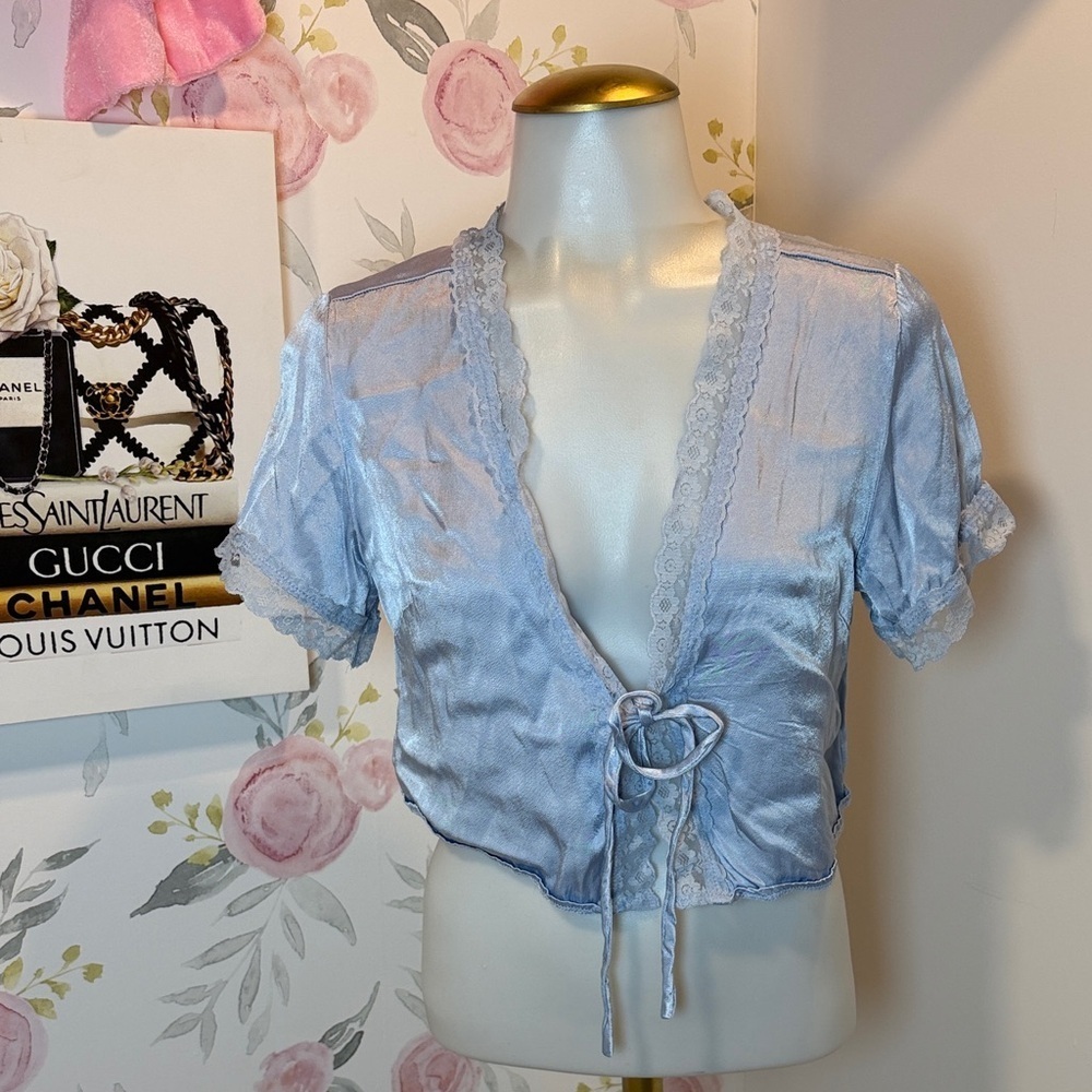 Princess Polly Light Blue Satin Blouse with Lace